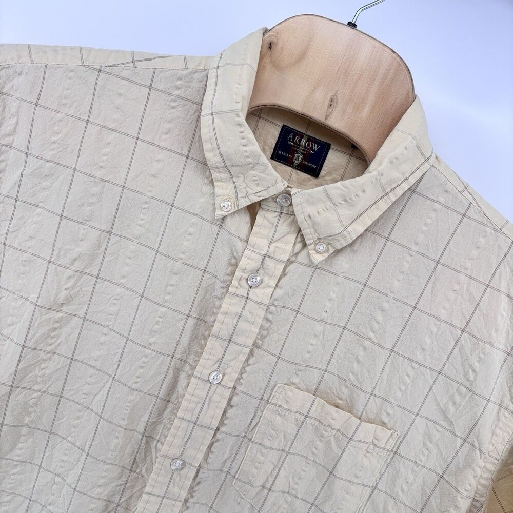 Arrow Men’s XL Short Sleeve Plaid Button Down Shirt Beige Cream Cotton Blend